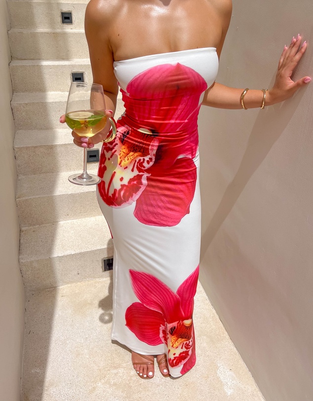 Beginning Boutique - Arizona White Orchid Print Maxi Dress