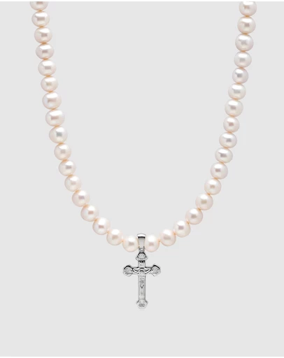 Nialaya Jewellery - Pearl Necklace with Silver Cross
