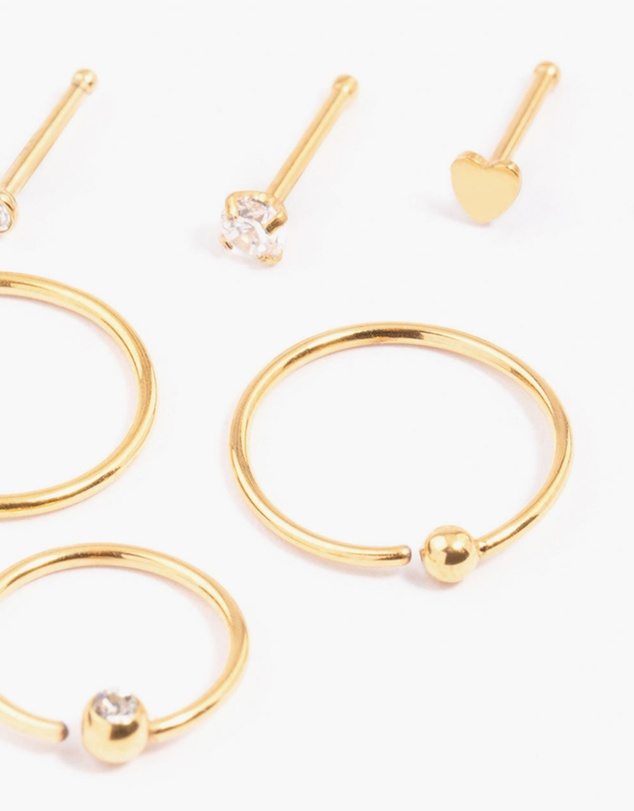 Lovisa - Gold Plated Surgical Steel Bone & Ball Nose Ring 6-Pack