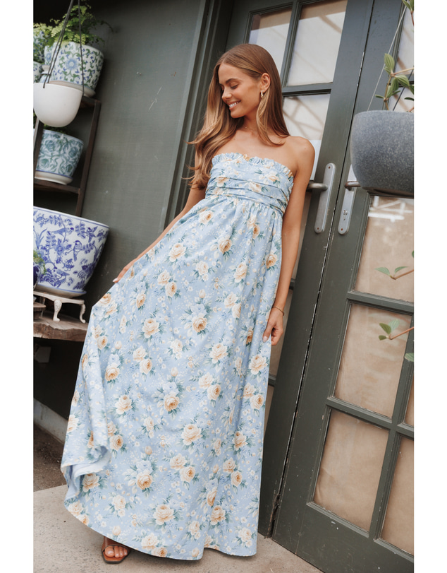 Petal & Pup - Ivara Strapless Maxi Dress - Blue Vintage Floral