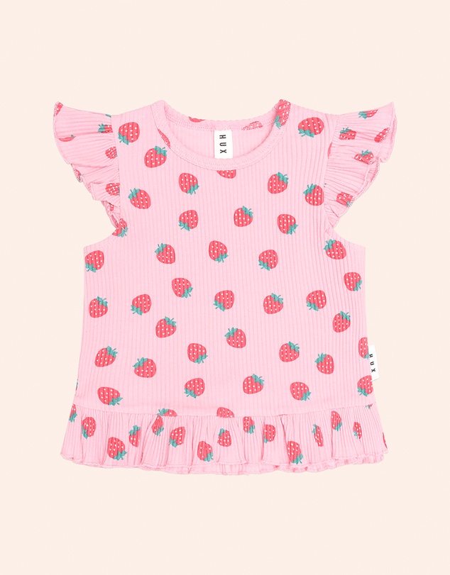 Huxbaby - Strawberry Print Rib Peplum Tee - Babies-Kids