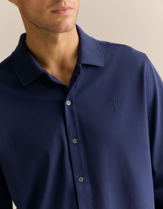 Trenery - Tailored Fit Pique Cotton Monogram Shirt in Strong Blue