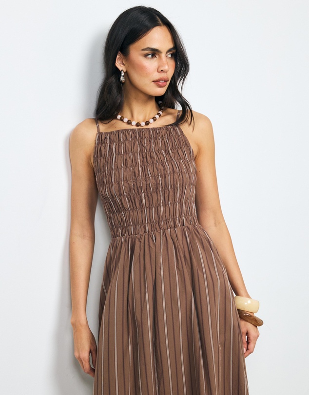 AERE - Marlowe Stripe Shirred Midi Dress