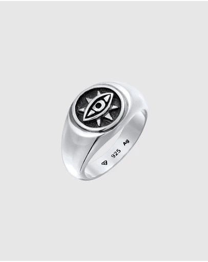 Kuzzoi - ICONIC EXCLUSIVE - Signet Ring with Evil Eye Emblem in Oxidised 925 Sterling Silver