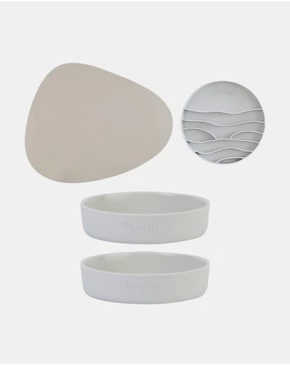 Lilly + Dash - Cat Eat and Drink Set – 2 Bowls + Lick Insert + Slate Placemat
