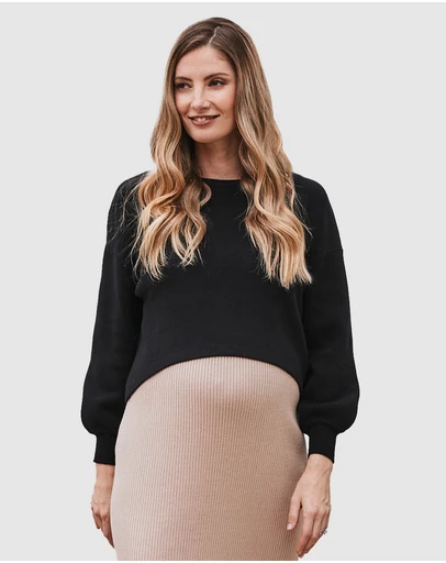 Angel Maternity - Sylvie Luxury Maternity Knitted Cropped Nursing Top- Black