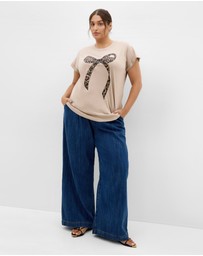 City Chic - Plus size Cuffed Sleeve Bow Tee - stone