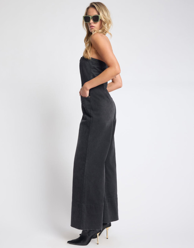 ONE TEASPOON - Dark Angel Strapless Wide Leg Denim Jumpsuit - Smokey Black