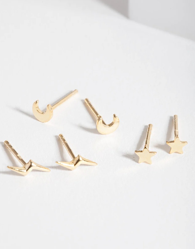 Lovisa - Gold Plated Sterling Silver Celestial Stud Earrings Trio