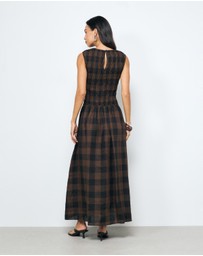 AERE - Inka Linen Gingham Shirred Maxi Dress