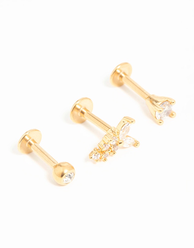 Lovisa - Gold Plated Surgical Steel Cubic Zirconia Butterfly Flat Back Studs 3-Pack