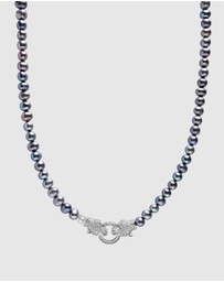 Nialaya Jewellery - Black Pearl Choker with Double Panther Head in Silver