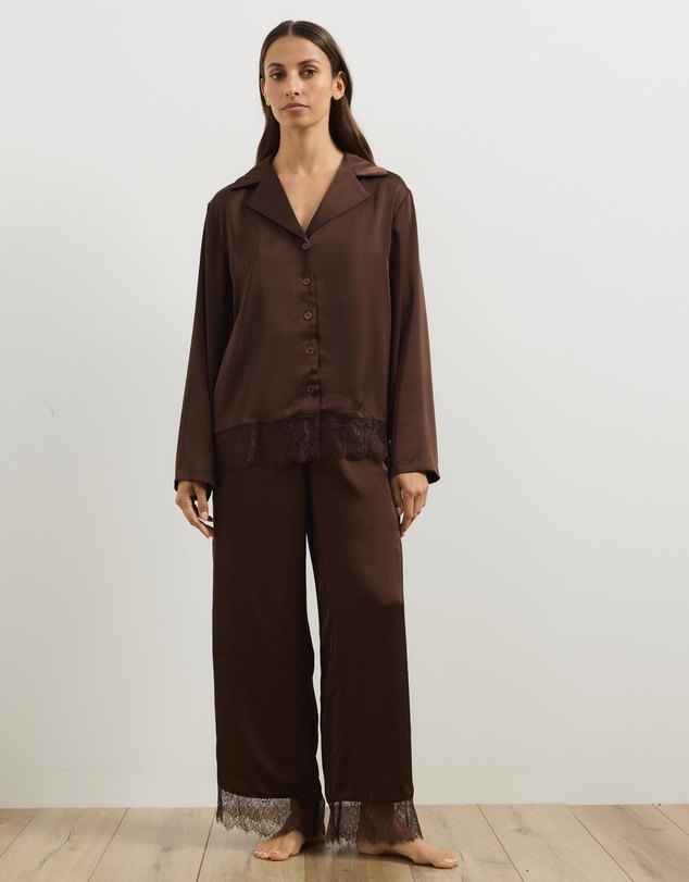Atmos&Here - Pearl Lace Trim Long Sleeve Satin Pyjama Set