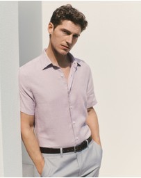 Trenery - Regular Fit Delave Linen Short Sleeve Shirt in Faded Violet