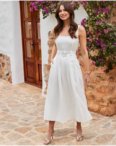 Sosandar - Strappy Full Cotton Skirt Belted Midi Dress