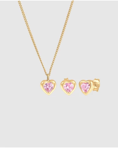 Elli Jewelry - Children's Pink Heart Zirconia Jewellery Set in Gold-Plated 925 Silver