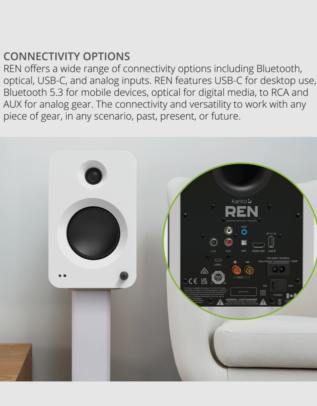 iWorld - Kanto REN 200W Powered Bookshelf Speakers with HDMI ARC, USB-C, and Bluetooth 5.3 - Matte White, Pair