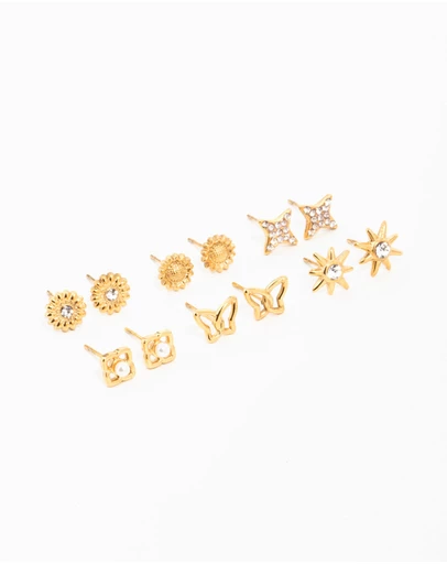 Lovisa - Waterproof Gold Plated Stainless Steel Cubic Zirconia Butterfly Stud Earrings 6-Pack