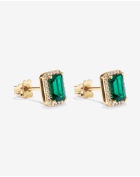 Michael Hill - Emerald Cut Green Created Emerald Gemstone and Diamond Halo Earrings in 10kt Yellow Gold
