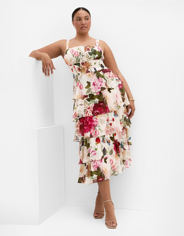 City Chic - Plus size Daniela Floral Print Ruffle Tier Dress - cream