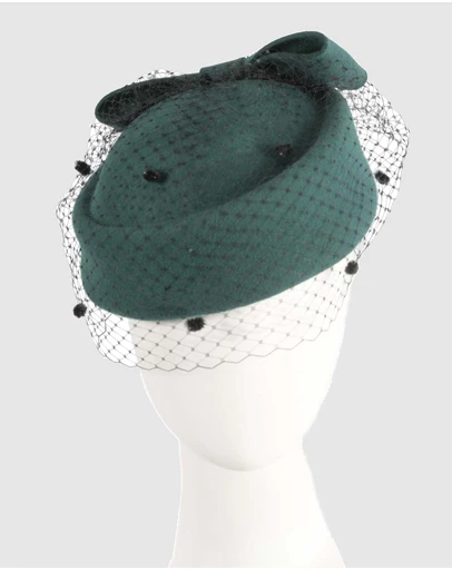 Max Alexander - Felt Green Pillbox Hat With Veil