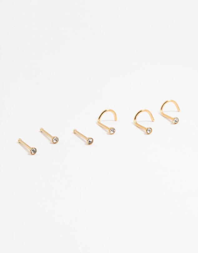Lovisa - Gold Plated Surgical Steel Mixed Diamante Post Nose Studs 6-Pack