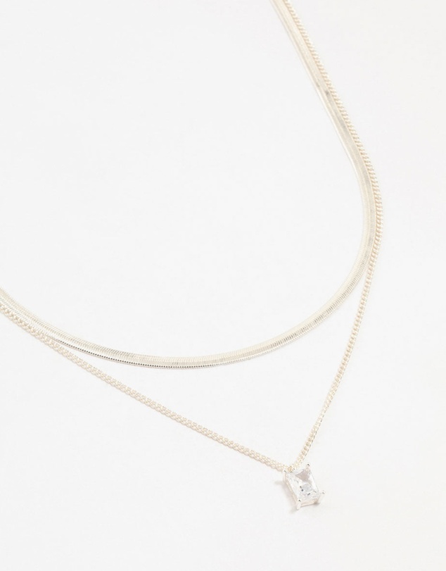 Lovisa - Silver Plated Baguette Diamante & Snake Chain Necklaces 2-Pack