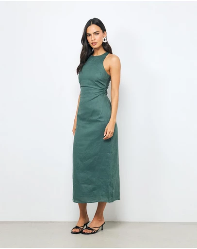 AERE - Elow Ruched Linen Midi Dress