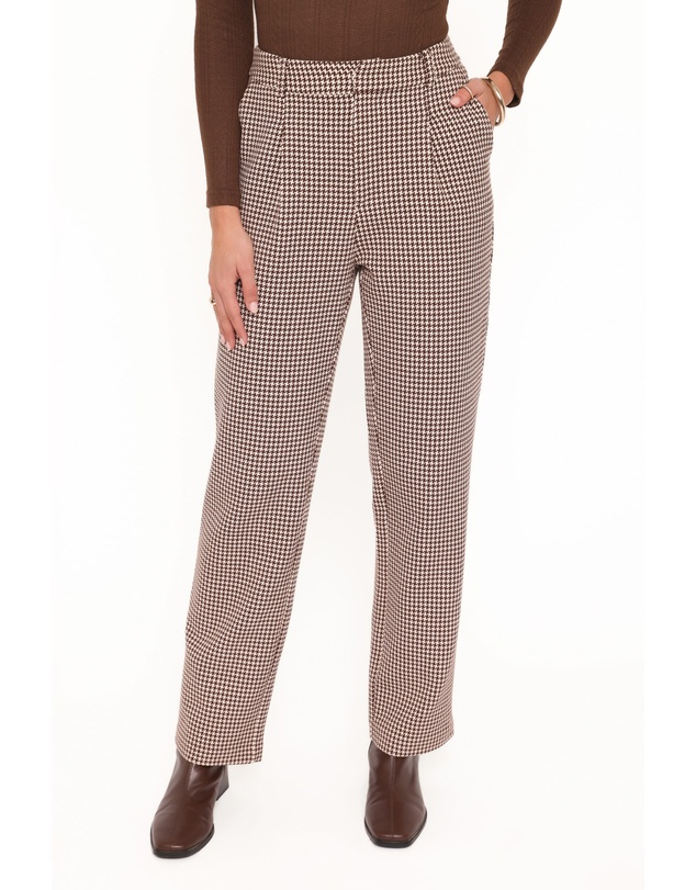 Petal & Pup - Jessie Straight Leg Trouser Pants - Brown Houndstooth