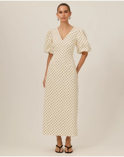 Tussah - Thea V-Neck Polka Dot Puff Sleeve Midi Dress