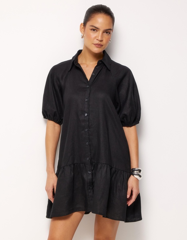 AERE - Joia Linen Puff Sleeve Mini Dress