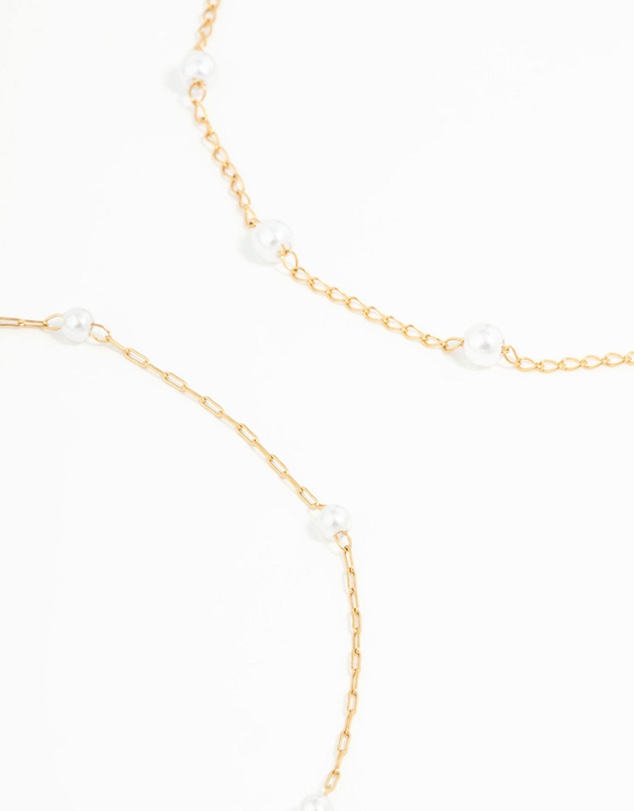 Lovisa - Waterproof Gold Plated Stainless Steel Station & Pearl Anklets 2-Pack