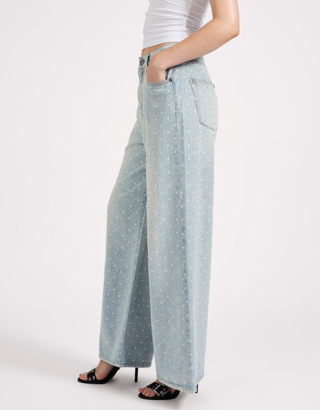 ONE TEASPOON - Love Machines Mid Waist Super Wide Leg Denim Jeans - Blue Sparkle
