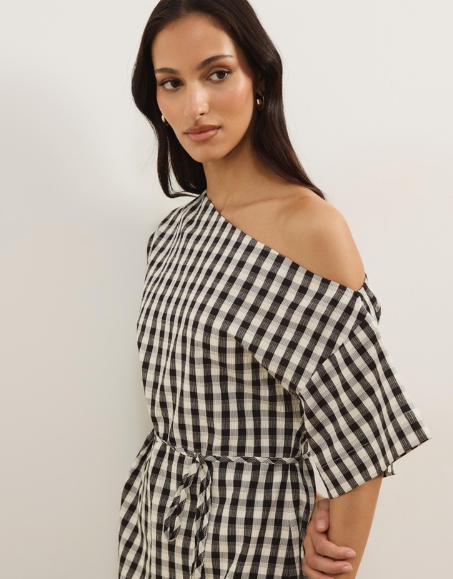 Atmos&Here - Olive Off Shoulder Gingham Mini Dress With Tie Waist