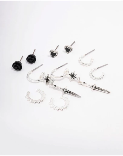 Lovisa - Silver Mixed Heart & Rose Earring 5-Pack