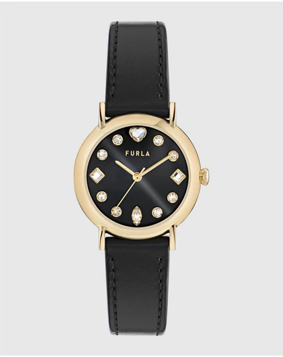Furla - Easy Shape Yellow Gold-Tone Black Leather Strap Watch
