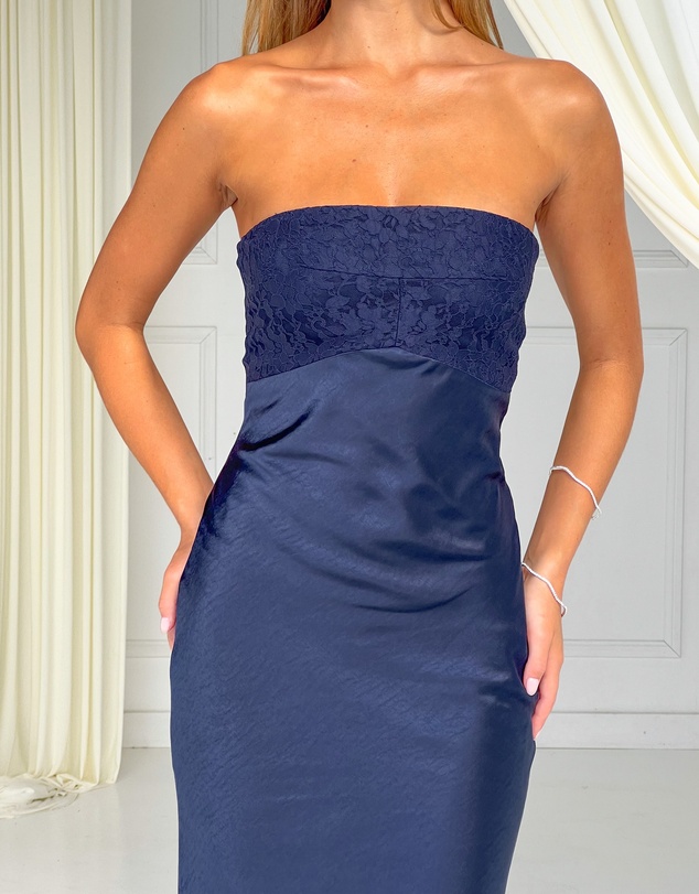 Beginning Boutique - Audrey Navy Lace Strapless Midi Dress