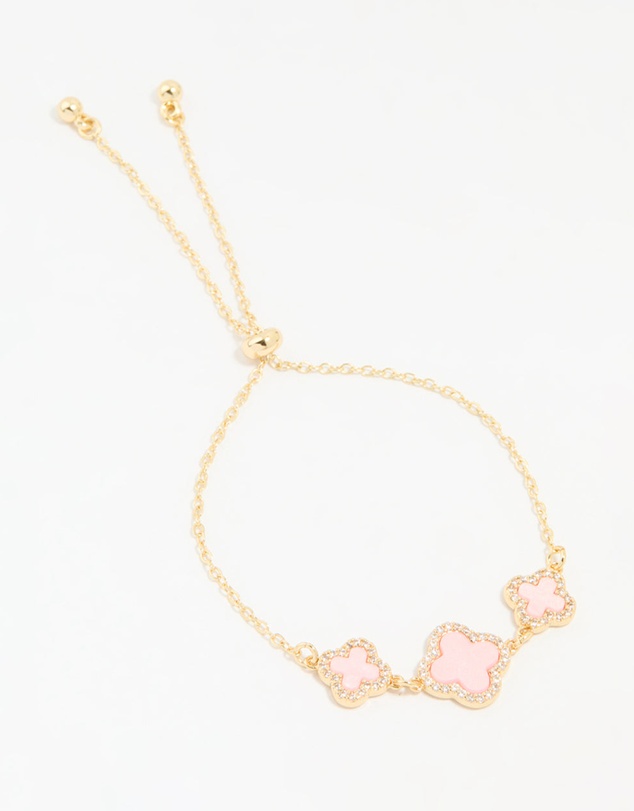 Lovisa - Gold Plated Cubic Zirconia Pink Triple Flower Outline Toggle Bracelet