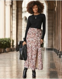 Sosandar - Paisley Print Metallic Stripe Tiered Maxi Skirt