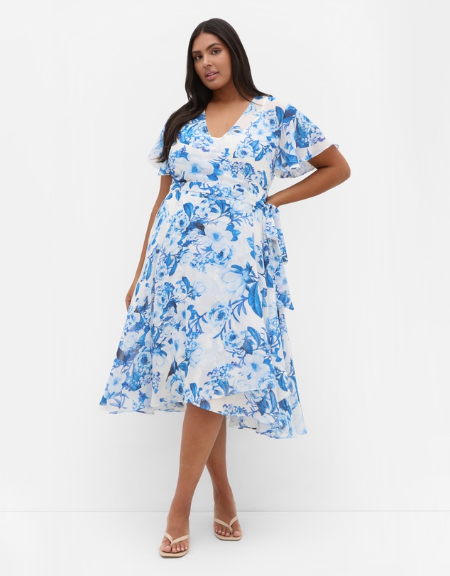 City Chic - Plus size Short Sleeve Bluebell Print Wrap Midi Dress - bluebell