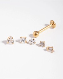 Lovisa - Surgicl Steel Single Flat Back Bar & Mixed Cubic Zirconia Interchangeable Ends 6-Pack