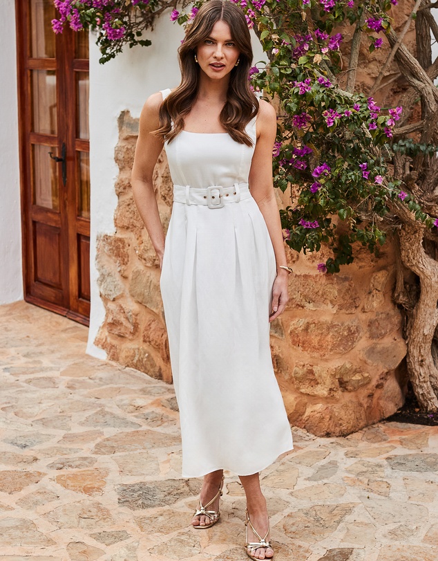 Sosandar - Strappy Full Cotton Skirt Belted Midi Dress