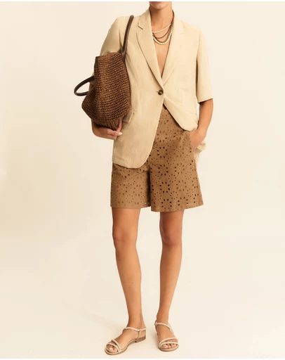 Emme - Camel Cotton Embroidered Shorts