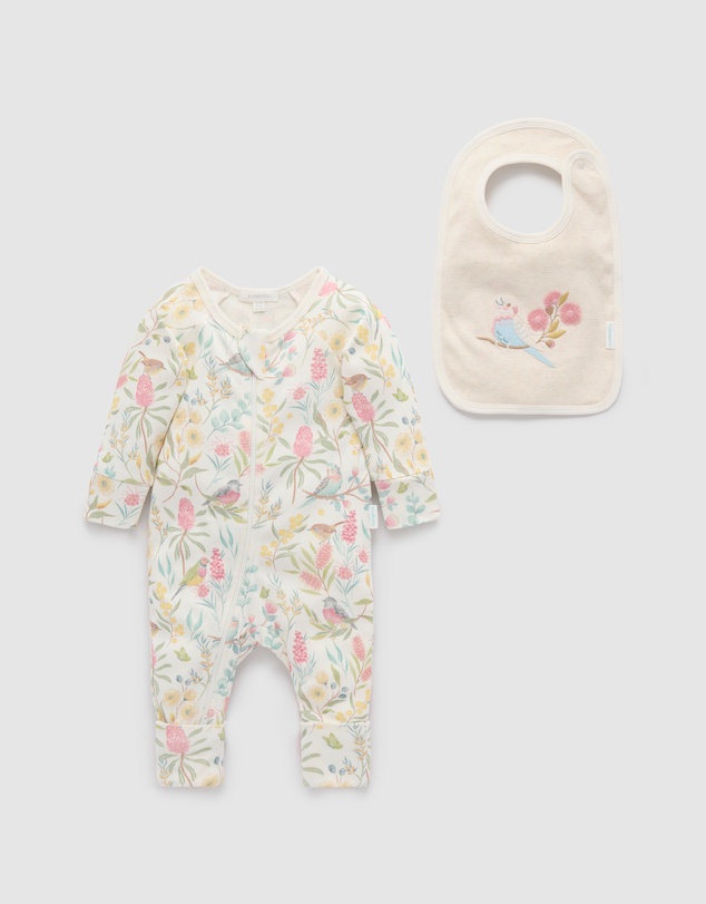 Purebaby - Australiana Zip Growsuit & Reversible Bib Set