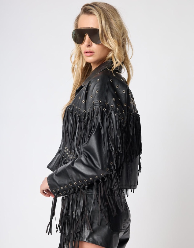 ONE TEASPOON - Rogue Rodeo Fringed Cropped Leather Jacket - Black