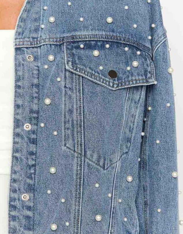 Beginning Boutique - Denim Dazzle Pearl Mid Wash Denim Jacket