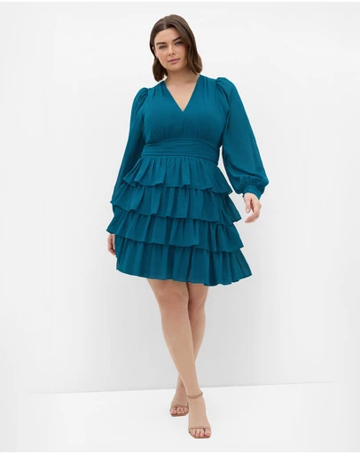 City Chic - Plus size Juliette Tiered Mini Dress - teal