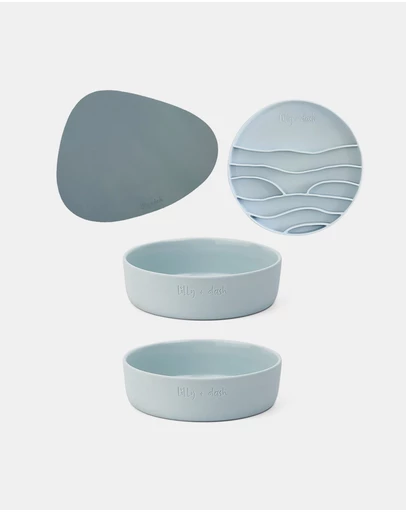Lilly + Dash - Dog Eat and Drink Set – 2 Bowls + Lick Insert + Blue Placemat Set