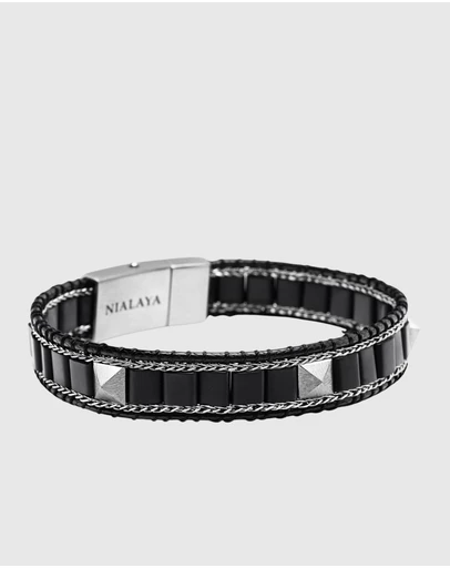 Nialaya Jewellery - Black Onyx Stud Bracelet with Silver