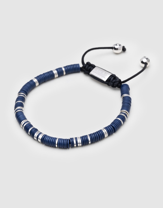 Nialaya Jewellery - Men's Beaded Bracelet with Dark Blue and Silver Disc Beads